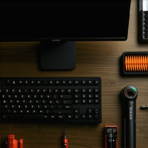 Essential tools for maintaining a workstation including an electric duster, precision screwdrivers, and calibration software.