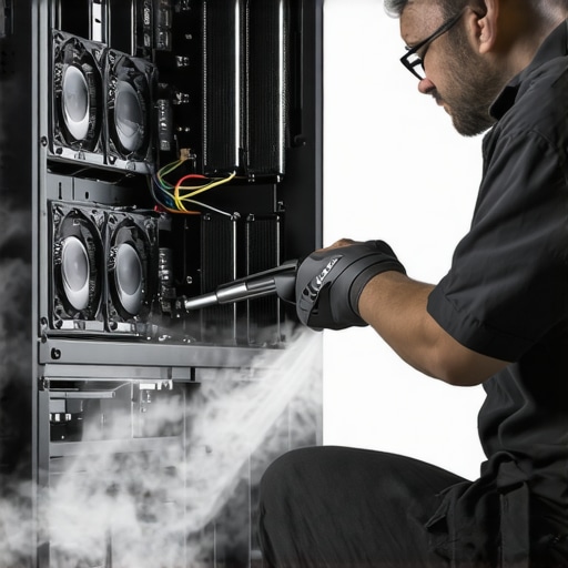 Technician cleaning a high-end workstation PC with an electric duster