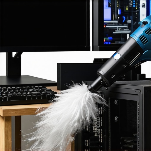 A person cleaning a high-end workstation PC with an electric duster in a clean office environment.