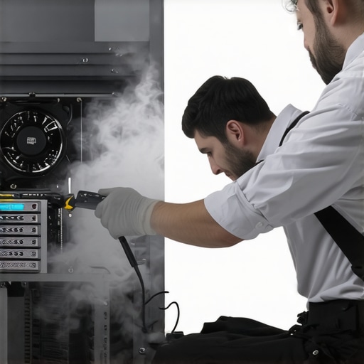 Cleaning the dust filters and internal components of a workstation PC with an electric air blower.