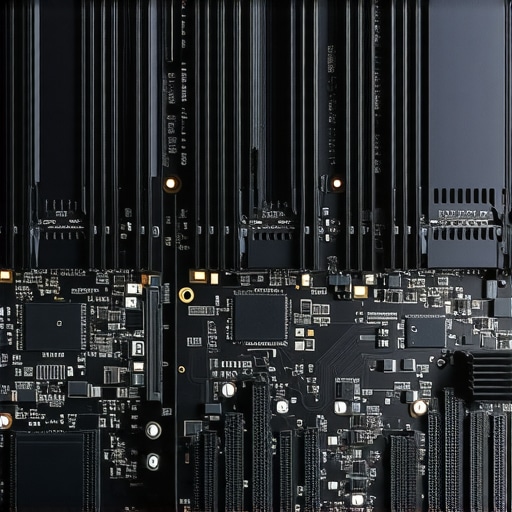 Professional Workstation NVMe Storage Setup A close-up view of multiple NVMe SSDs with thermal heatsinks installed on a high-performance motherboard.