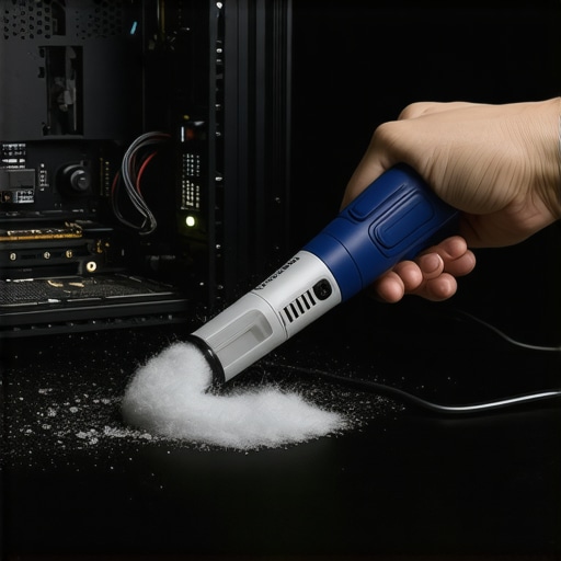Professional Workstation PC Cleaning and Maintenance A person using specialized tools to clean the interior fans of a high-end workstation PC.