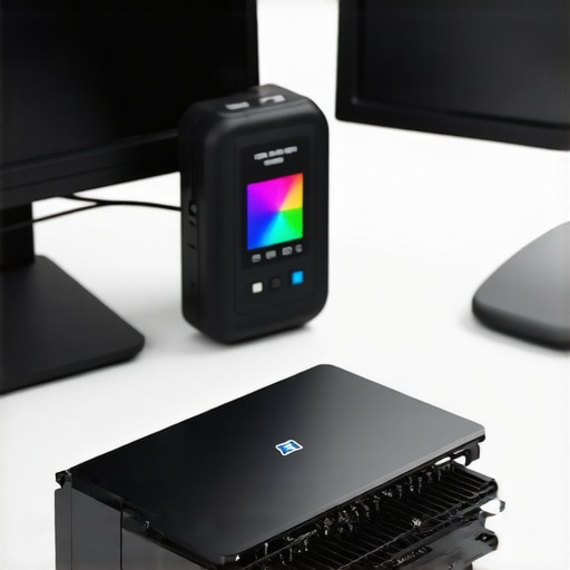 Close up of a high performance SSD and a monitor calibration device on a tech workstation.