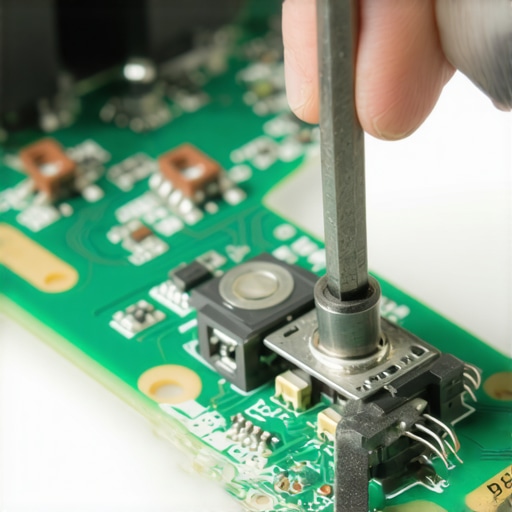 Replacing a mechanical keyboard switch Hands using a switch puller tool on a hot-swap mechanical keyboard PCB