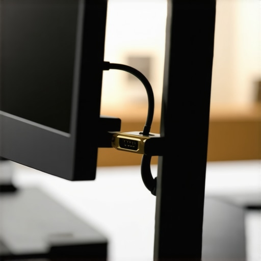 Close up of a high quality DisplayPort cable plugged into a professional monitor.