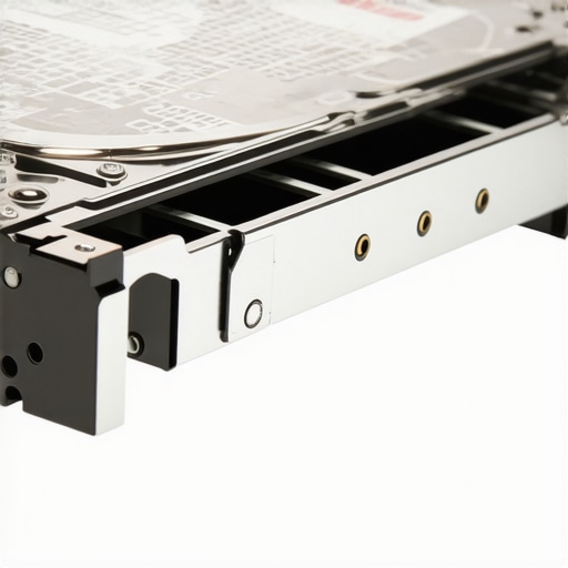 Close up of a hard drive mounted with silicone grommets to isolate vibration and reduce noise in a PC case.