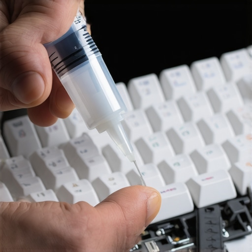 Syringe Lubrication Method for Keyboard Stabilizers Close-up of a syringe injecting grease into a mechanical keyboard stabilizer to fix rattle.