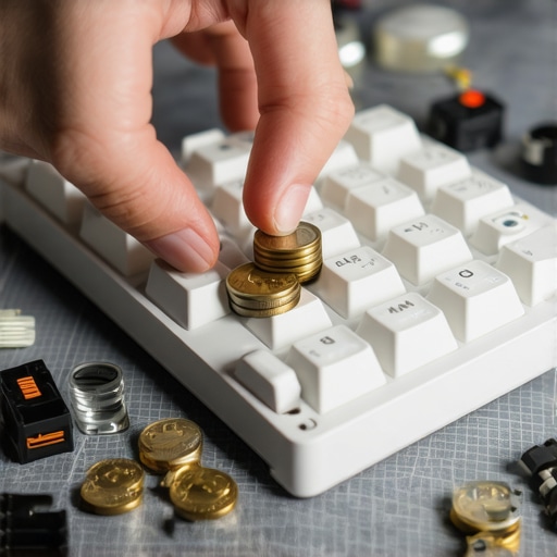 Testing switch actuation weight with coins Close up of a hand placing nickels on a mechanical keyboard switch to measure force