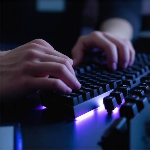 Typing on a linear mechanical keyboard for high-volume writing A close-up view of hands effortlessly gliding over a mechanical keyboard with smooth linear switches.