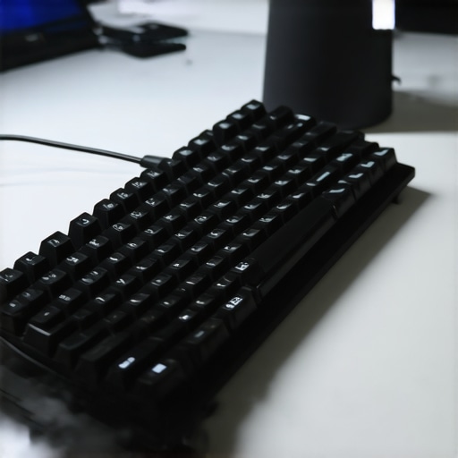 A person using an air duster to clean a high-end mechanical keyboard on a professional desk setup.