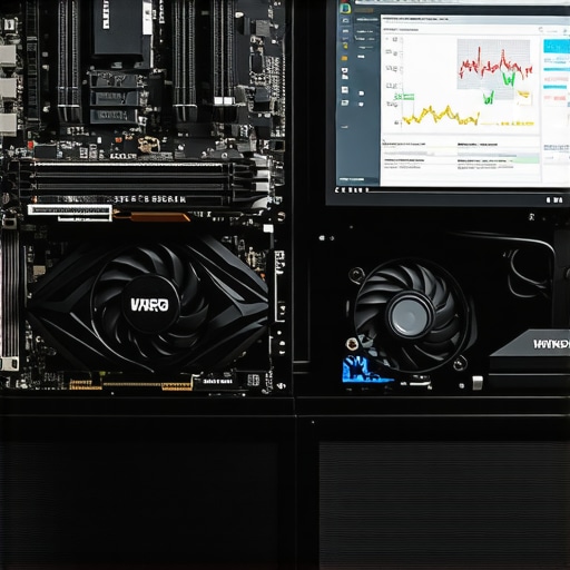 Close up of internal PC components and system monitoring software for maintenance.