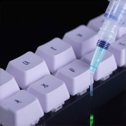 Syringe Injecting Lubricant into Mechanical Keyboard Stabilizers Close-up of a syringe injecting lubricant into keyboard stabilizers to fix spacebar rattle